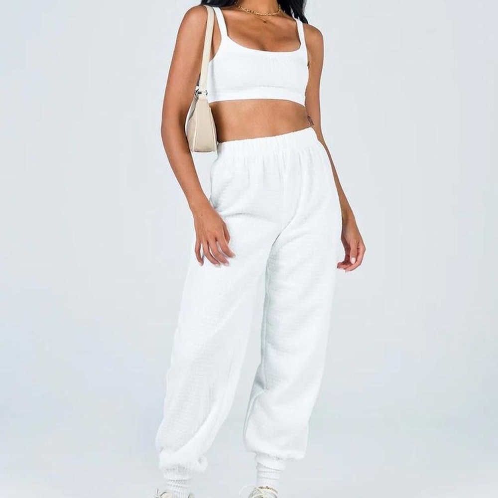Princess Polly White Textured Elastic-Waist Joggers